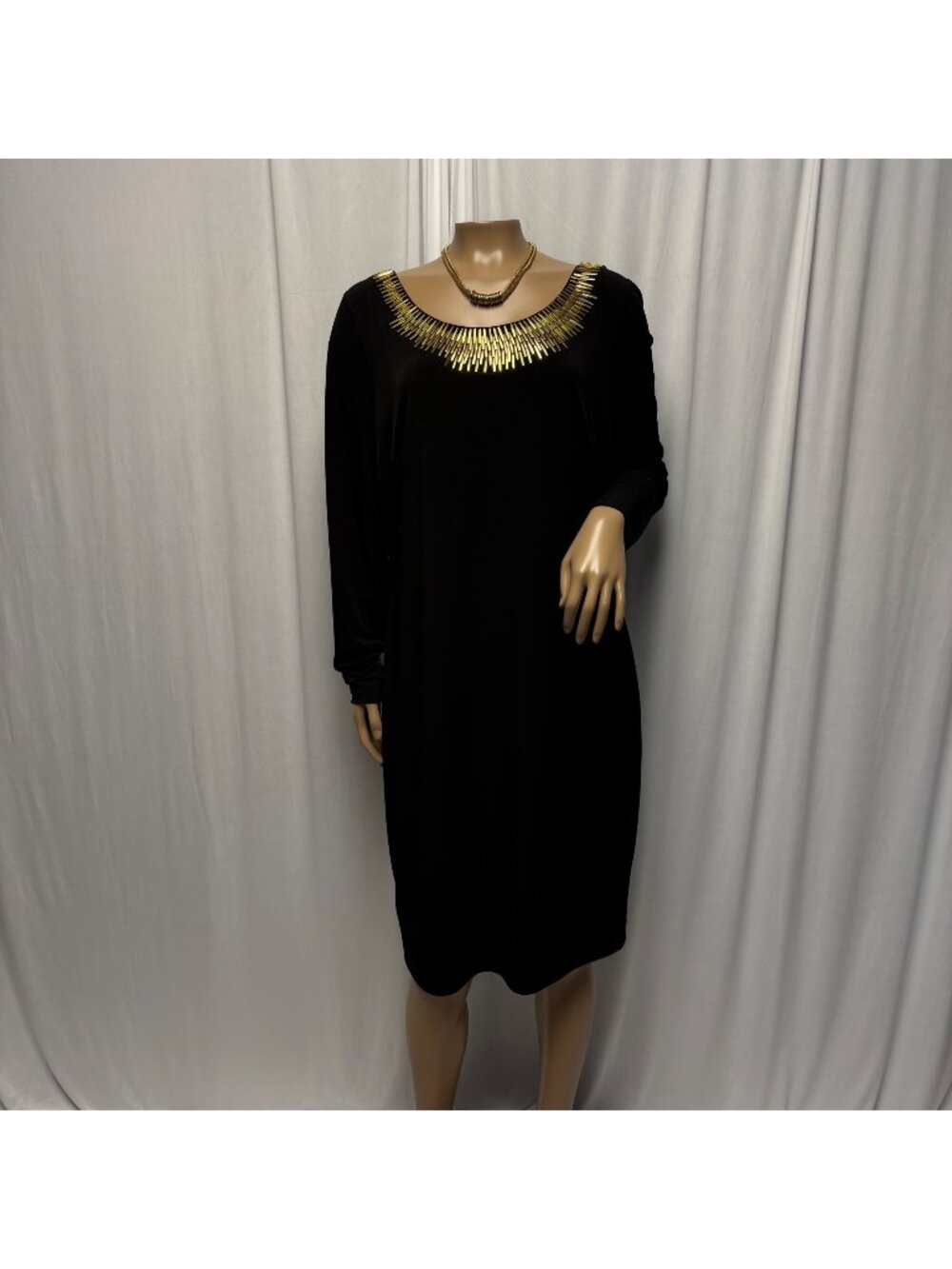 Calvin Klein Black Long Sleeve Dress Womens Sz Medium Gold Embellished Neckline